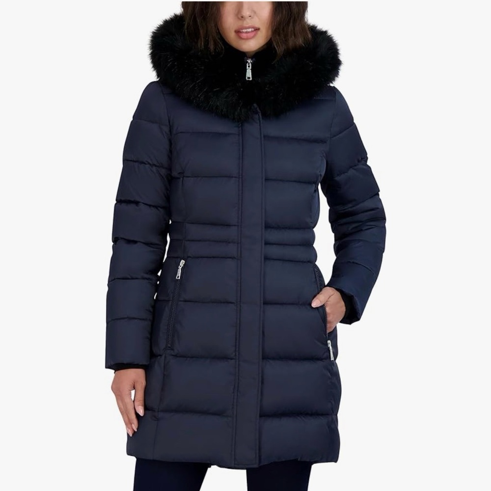 GALLERY Luxury Puffer Down Coat with Genuine Black Fox Fur Hoodie PETITE SMALL